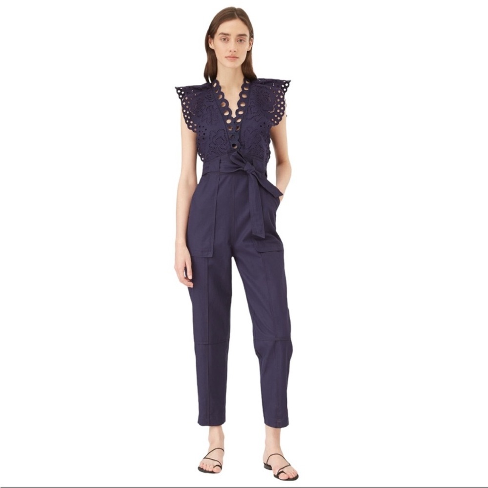 Rebecca Taylor Ariana Eyelet Embroidered Navy Indigo Blue Jumpsuit | Size 8